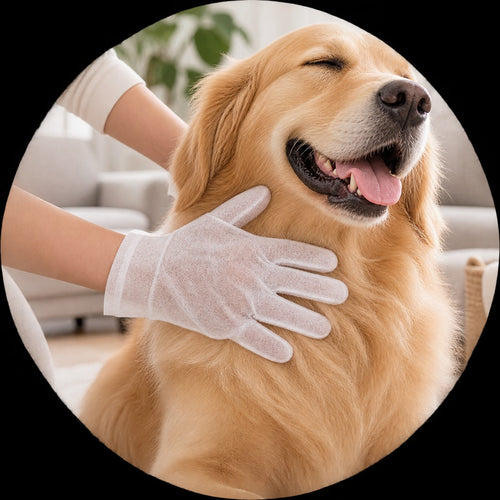 Person using Pet Care & Grooming Gloves on a happy golden retriever dog