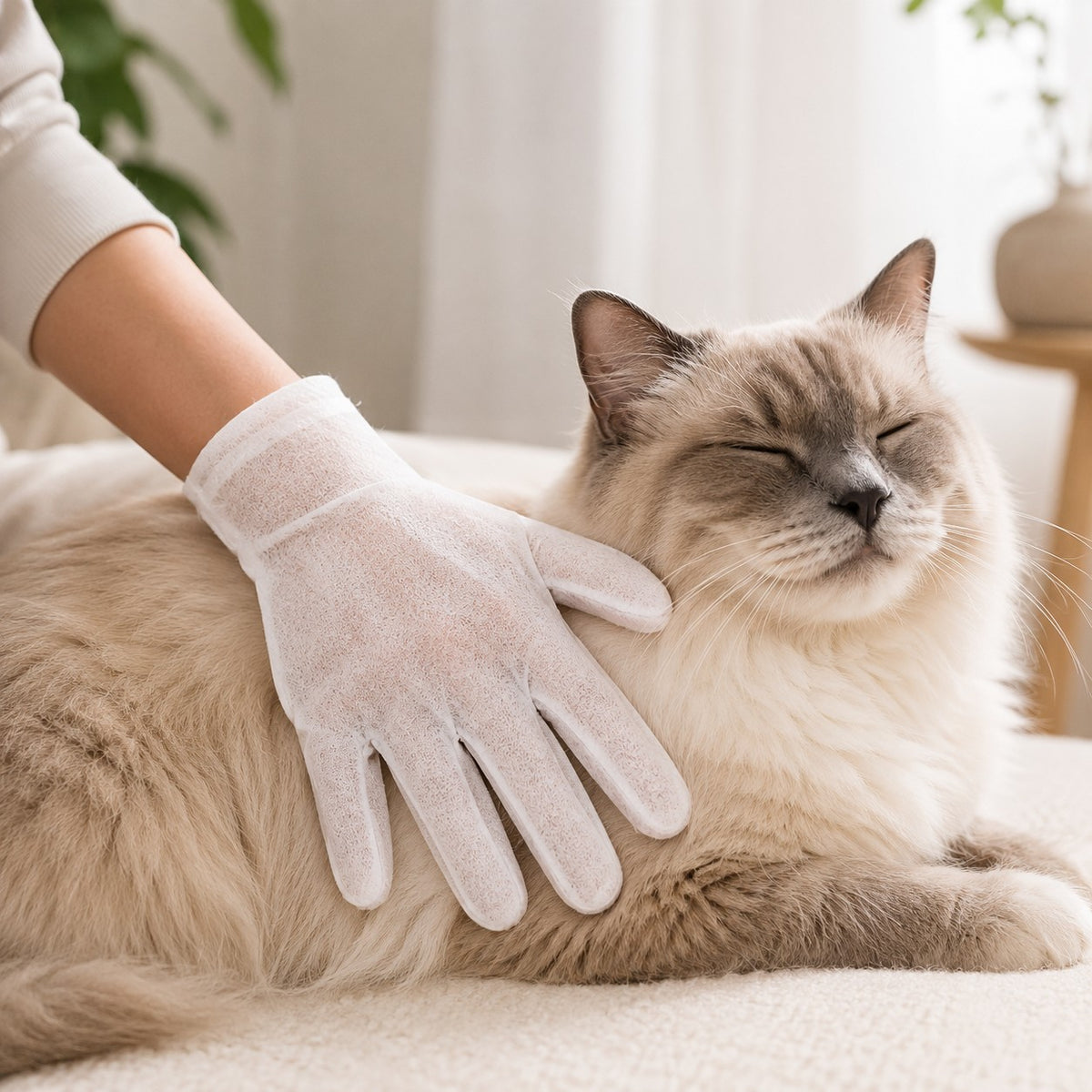 Person using Pet Care & Grooming Gloves on a relaxed cat