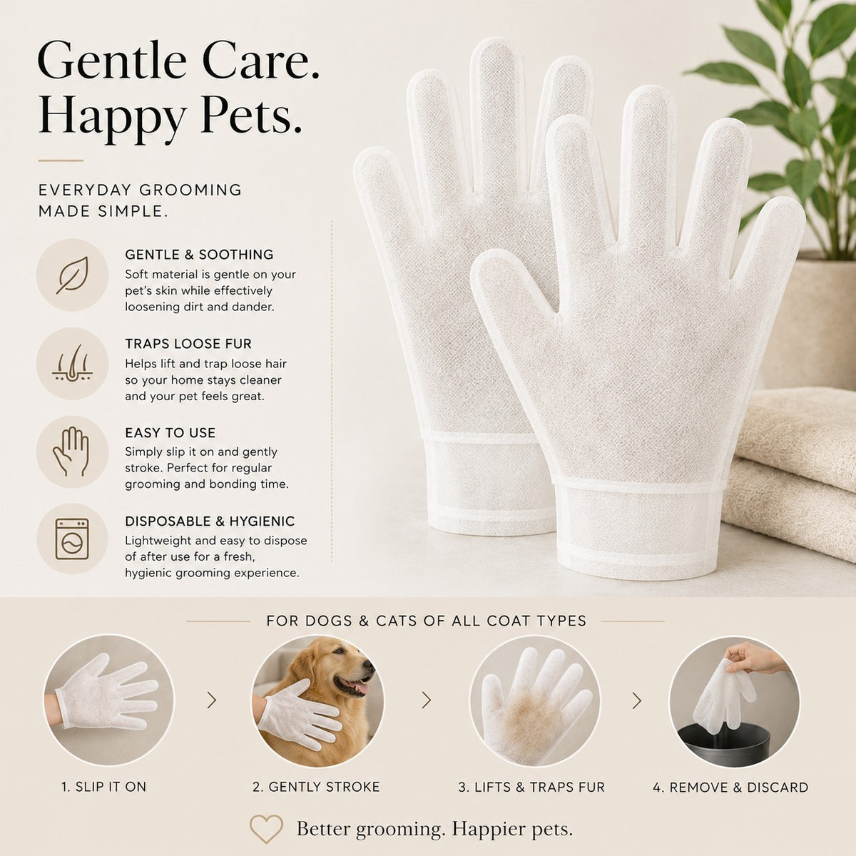Pet Care & Grooming Gloves product benefits infographic — gentle care, traps loose fur, easy to use, disposable and hygienic
